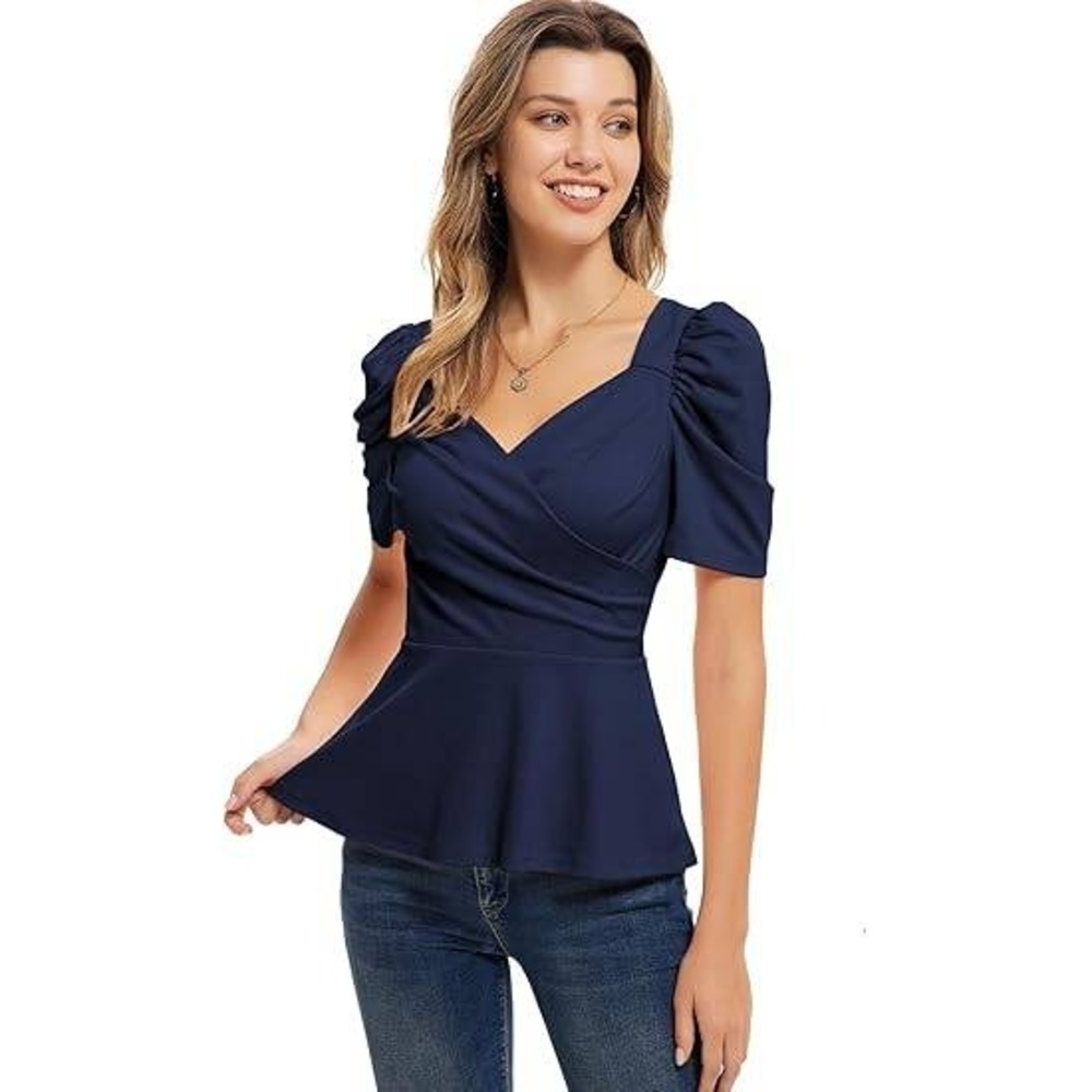 Grace Karin Navy Blue Puff Sleeve Peplum Wrap Top Womens 2XL Surplice V Neck
